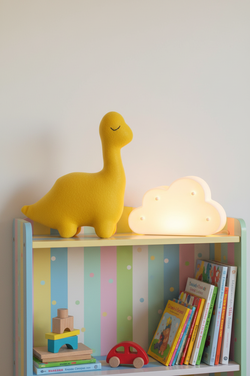Sunshine Yellow Sleepy Dinosaur handmade brontosaurus plush stuffed animal on a toy bookshelf with a cloud nightlight