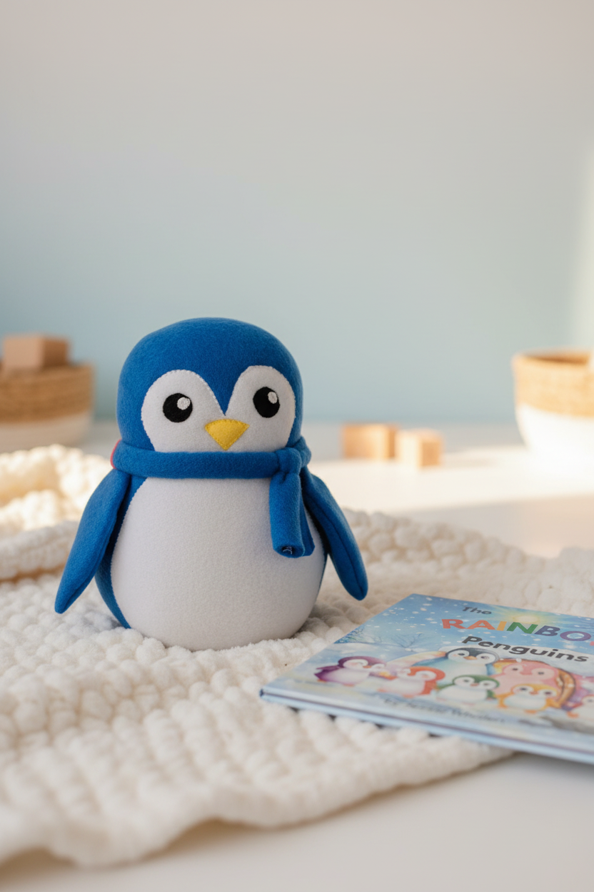 Pop the Blue Rainbow Penguin – Handmade Fleece Stuffed Animal for Kids