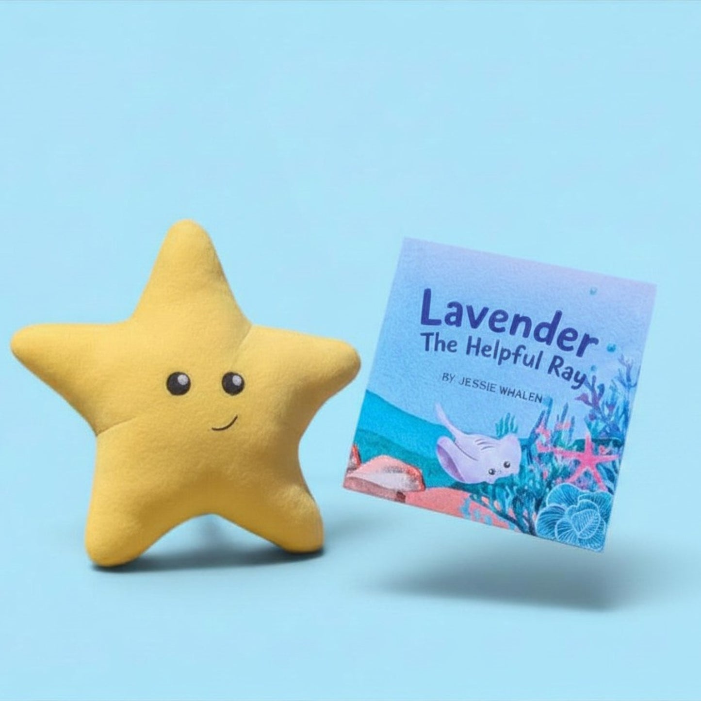 A yellow star-shaped plush toy with a smiling face sits next to a children's book titled "Lavender The Helpful Ray" by Jessie Whalen on a light blue background.