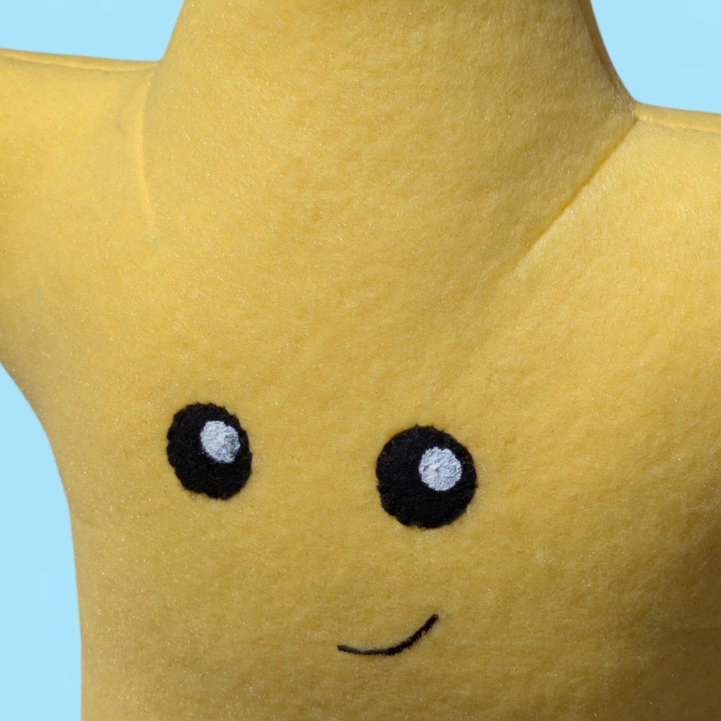 Close up picture of a plush starfish face with black felt eyes, painted white details and a gentle smile