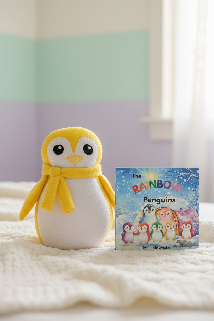 Benny the Yellow Rainbow Penguin  – Handmade Fleece Stuffed Animal for Kids