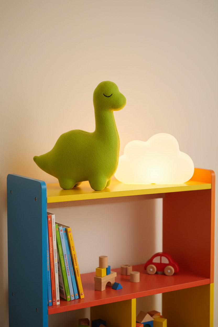 Lime Green Sleepy Dinosaur handmade brontosaurus plush stuffed animal on a toy bookshelf with a cloud nightlight
