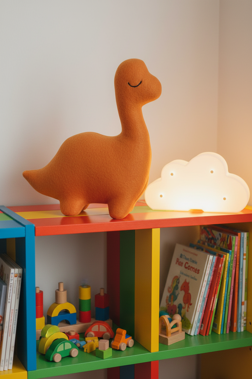 Sunset Orange Sleepy Dinosaur handmade brontosaurus plush stuffed animal on a toy bookshelf with a cloud nightlight