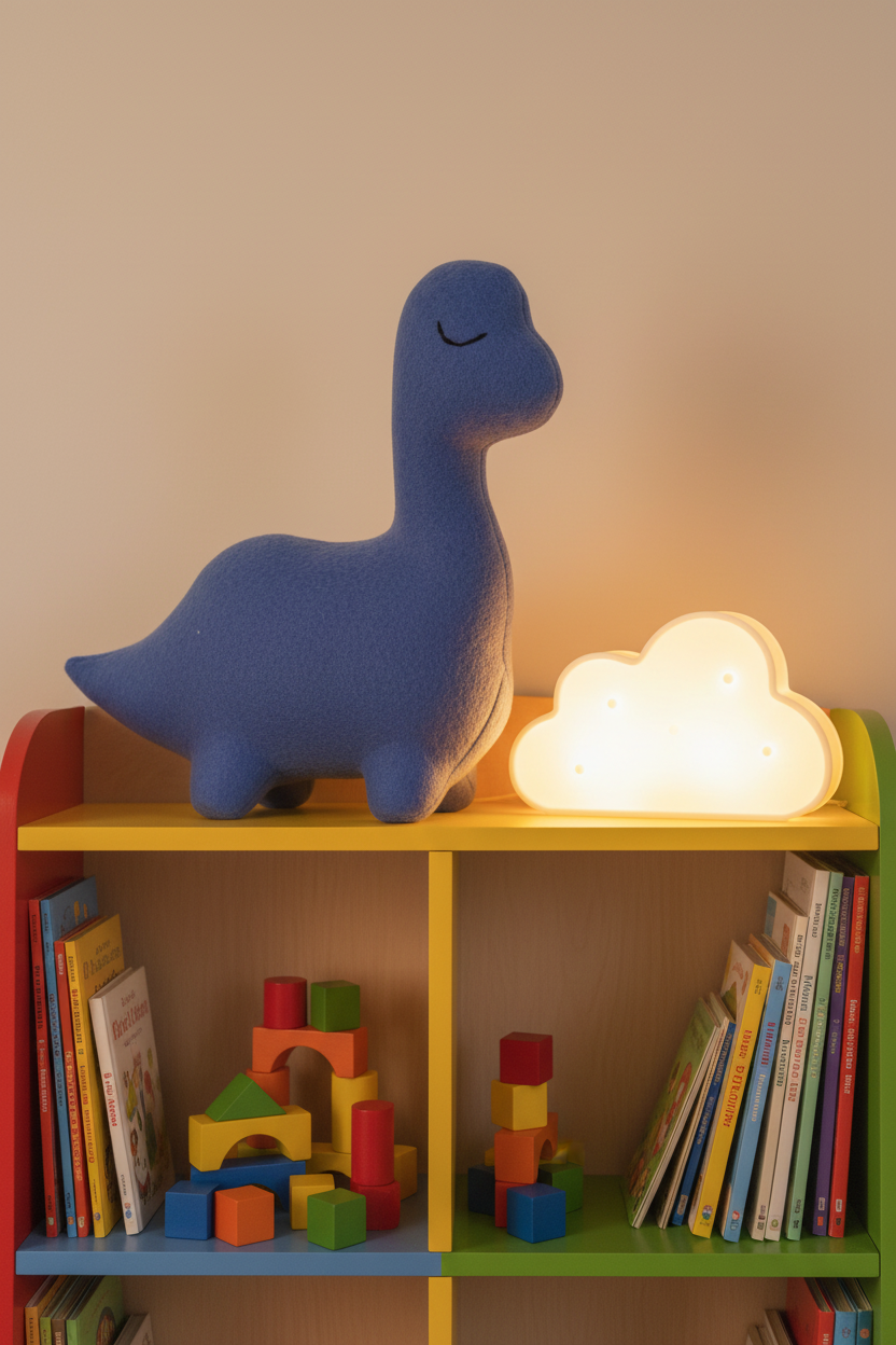 Royal Blue Sleepy Dinosaur handmade brontosaurus plush stuffed animal on a toy bookshelf with a cloud nightlight