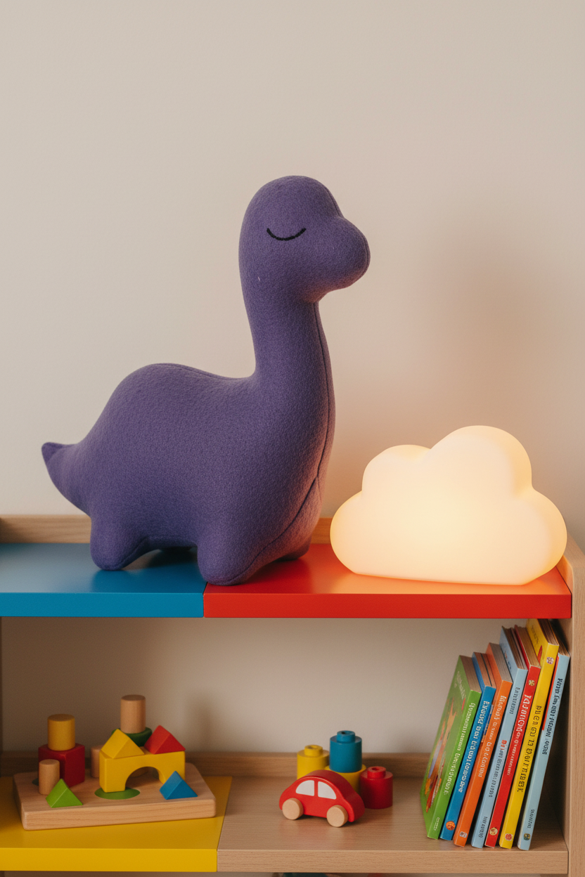 Deep Purple Sleepy Dinosaur handmade brontosaurus plush stuffed animal on a toy bookshelf with a cloud nightlight
