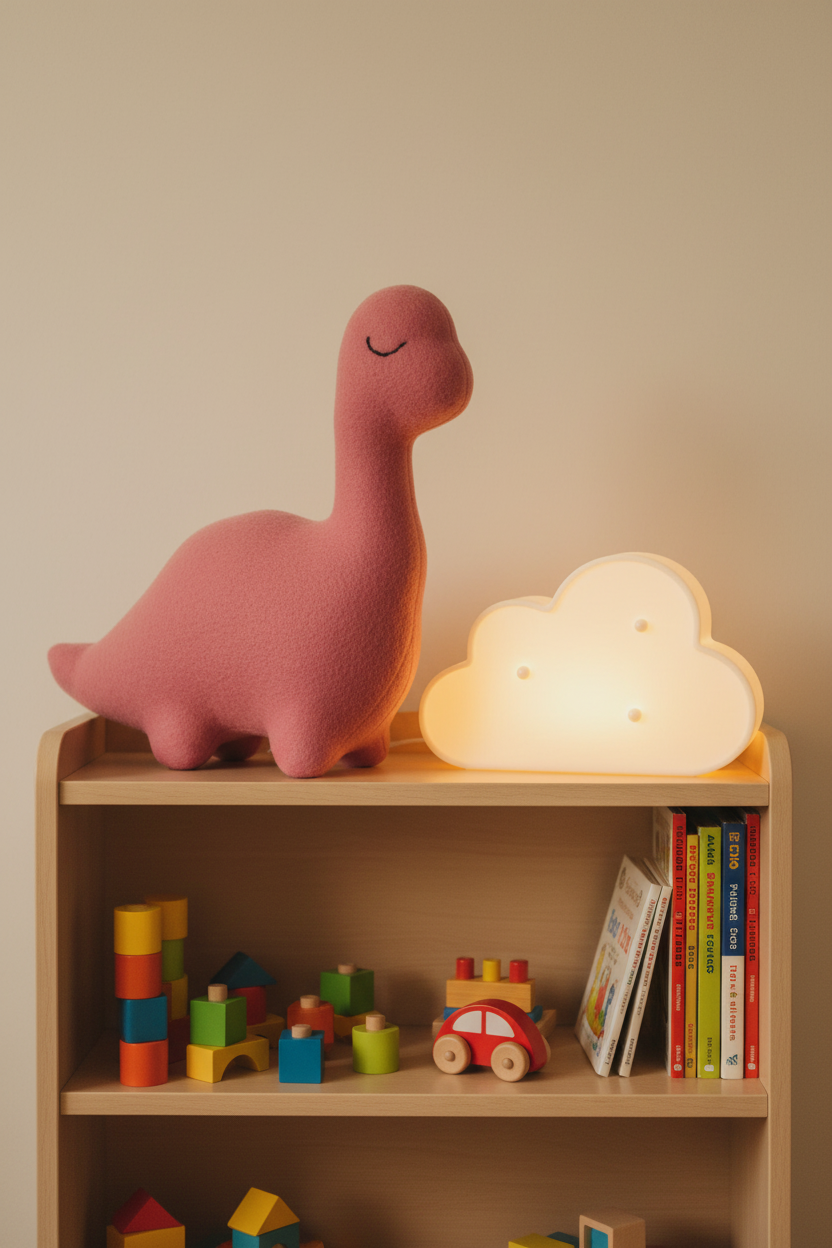 Blush Pink Sleepy Dinosaur handmade brontosaurus plush stuffed animal on a toy bookshelf with a cloud nightlight