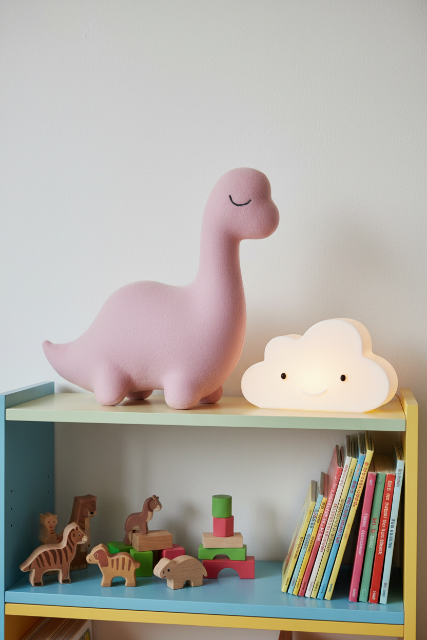 Bubblegum Pink Sleepy Dinosaur handmade brontosaurus plush stuffed animal on a toy bookshelf with a cloud nightlight