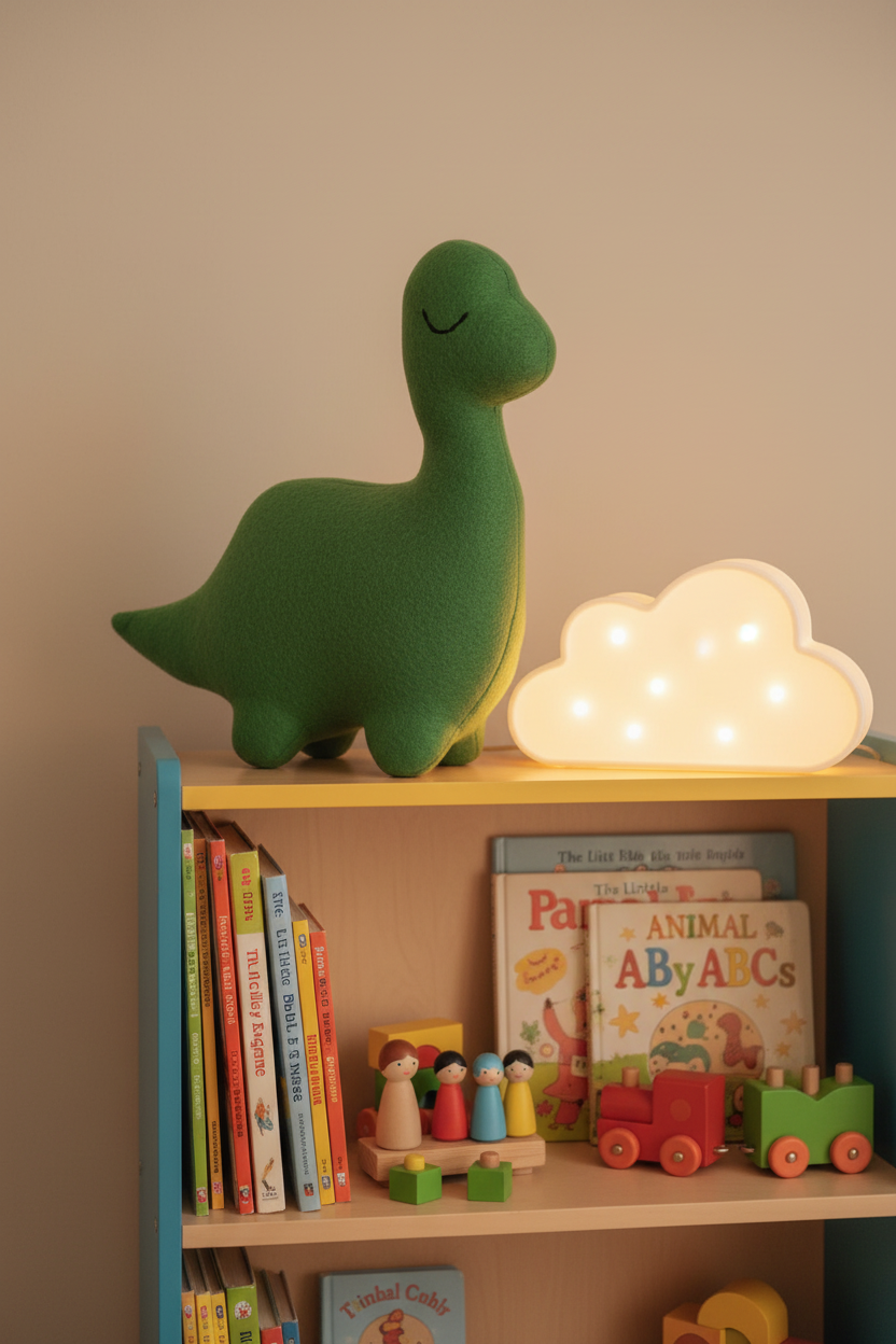 Emerald Green Sleepy Dinosaur handmade brontosaurus plush stuffed animal on a toy bookshelf with a cloud nightlight