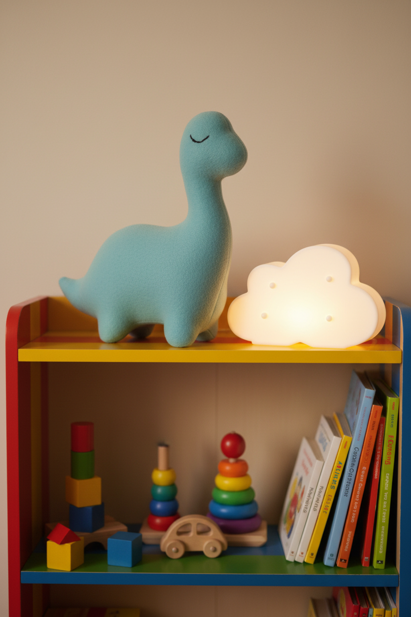 Sky Blue Sleepy Dinosaur handmade brontosaurus plush stuffed animal on a toy bookshelf with a cloud nightlight