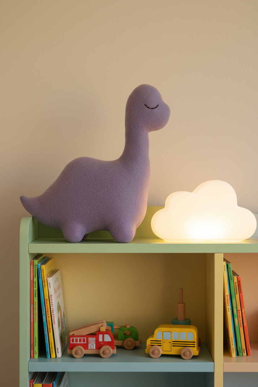 Lavender Dreams Sleepy Dinosaur handmade brontosaurus plush stuffed animal on a toy bookshelf with a cloud nightlight