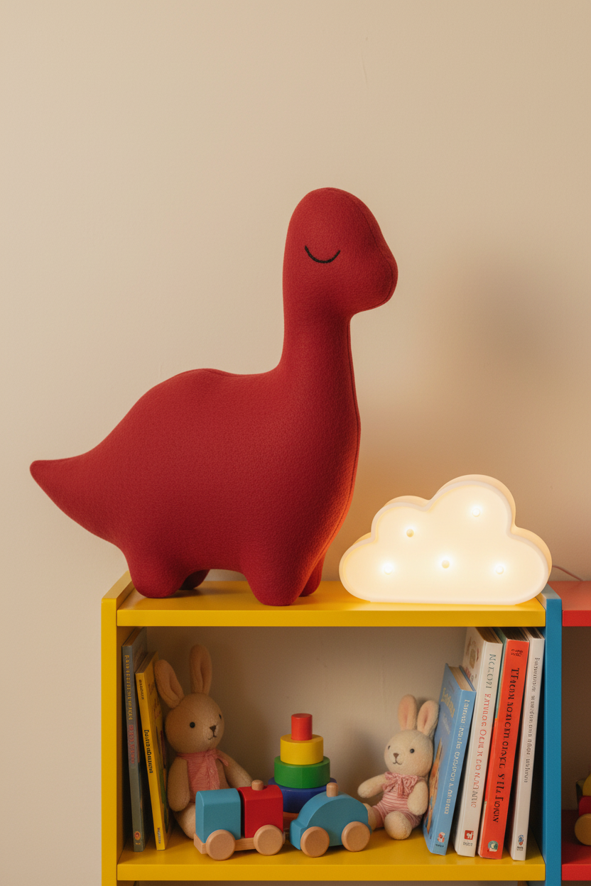 Cherry Red Sleepy Dinosaur handmade brontosaurus plush stuffed animal on a toy bookshelf with a cloud nightlight